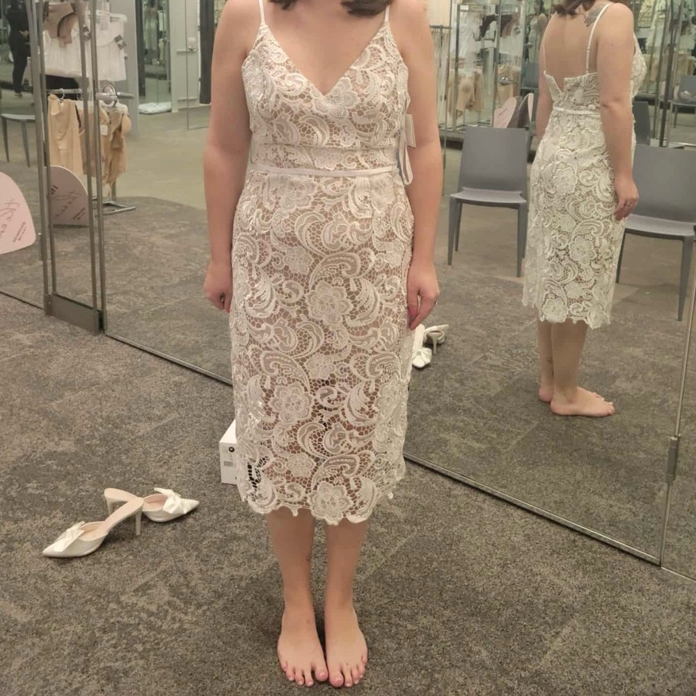 David's Bridal Cream Lace Midi Dress